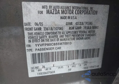 2005 Mazda Mazda6 I Base from USA, damaged, VIN 1YVFP80C855M75513